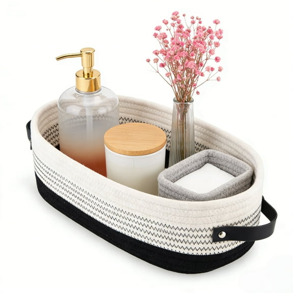 Bevtee Cotton Rope Small Woven Basket,Toilet Paper Basket, Storage Bins with Handles, 13"x5.9"x4", Black