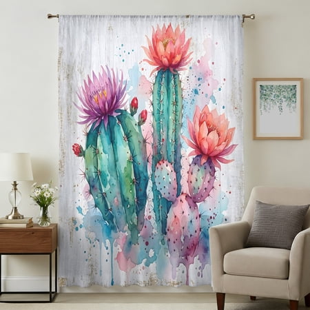 Saguaro Cactus Sheer Curtains 45 Inches Long Pink Flowers Desert Tropical Cactus Light Filering Curtains Breathable Simi Curtain Privacy Drapes for Kitchen Bathroom Lightweight Window Treatment
