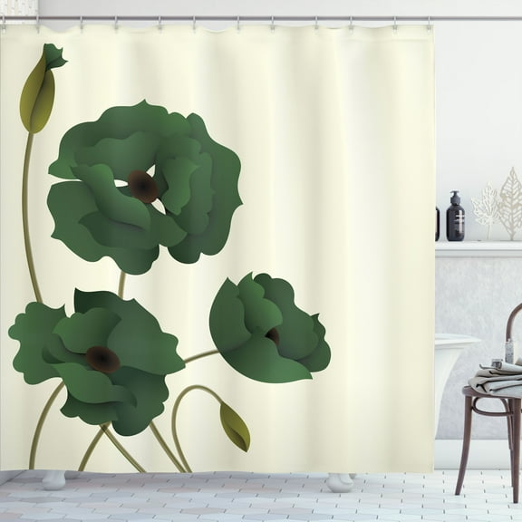 Ambesonne Floral Shower Curtain, Poppy Flowers Buds Pastoral, 69"Wx84"L, Hunter Green