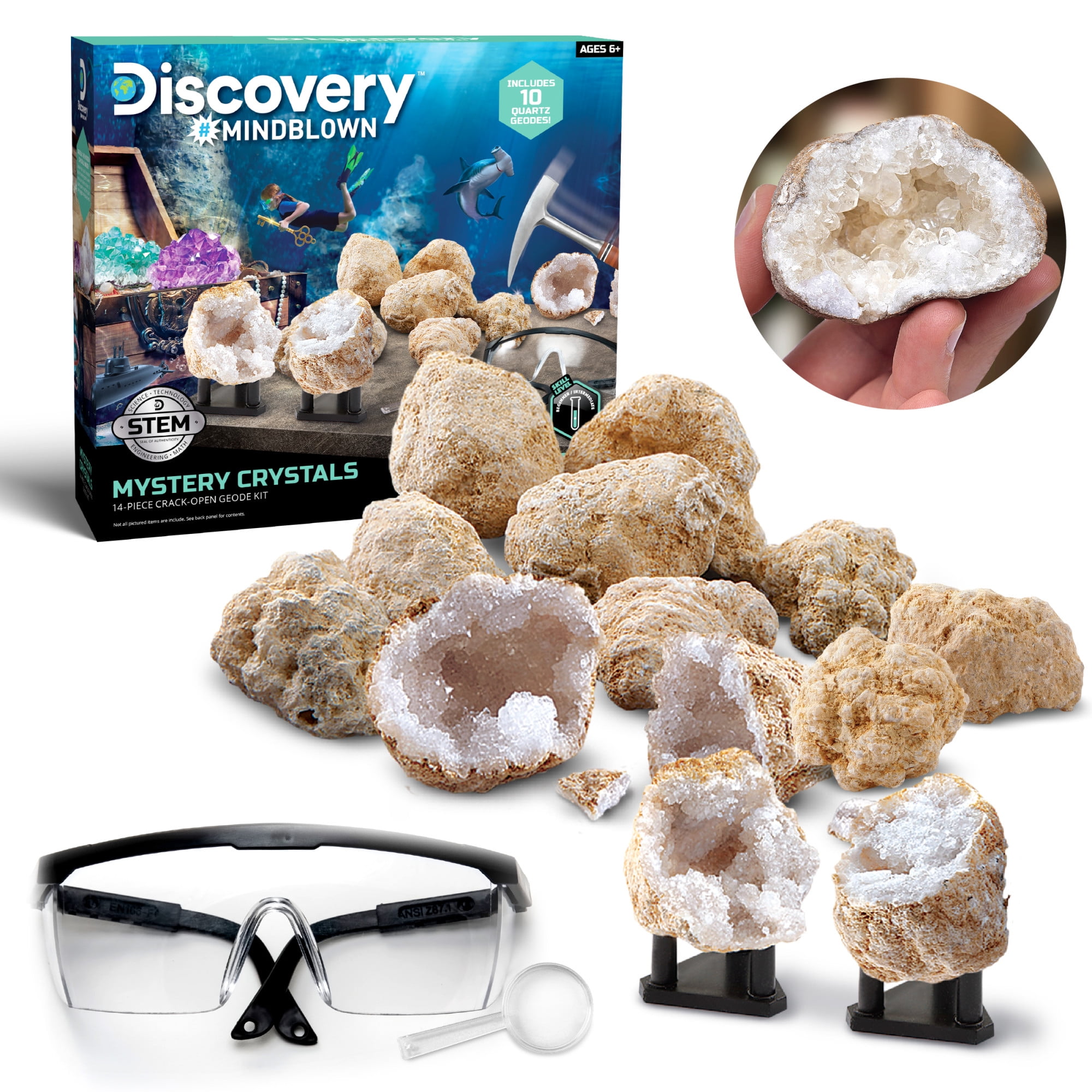 Discovery #MINDBLOWN Discovery™ #Mindblown Geode Crystal Excavation Kit, 14-Piece Geology STEM Set, Discover Hidden Crystals, Includes 10 Geodes 2 Display Stands Goggles and Tools, Gifts For Ages 6 and Up