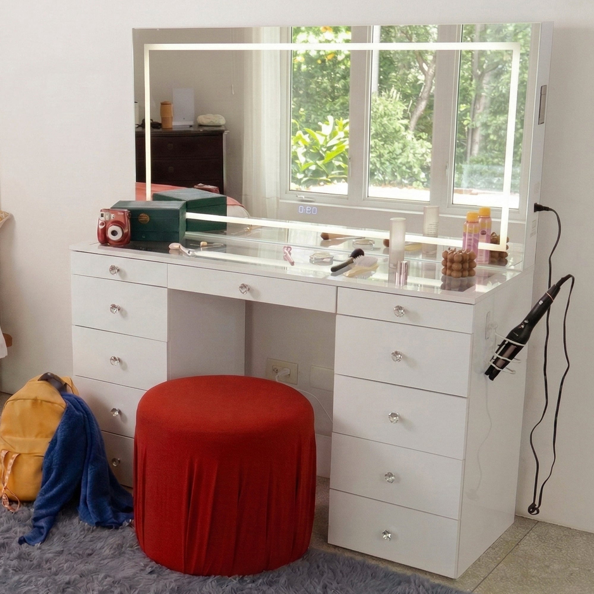 Boahaus Elara Extra Large Vanity Desk with Mirror and Lights – 11 Drawer Makeup Vanity Table with Storage, Power Outlet and Built-In Speakers