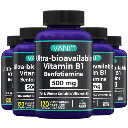 (5 Pack)Vitamin B1 & Benfotiamine 500mg, Dietary Supplement for Energy Metabolism Support*, 120 Capsules, 60 Day Supply