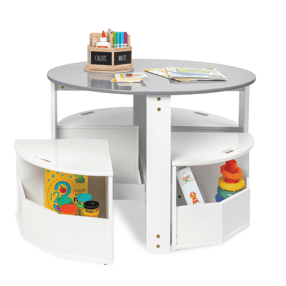 Milliard Kids Activity Play Table Chair Set- for Toddlers-Round with 4 Storage Stools White / Gray