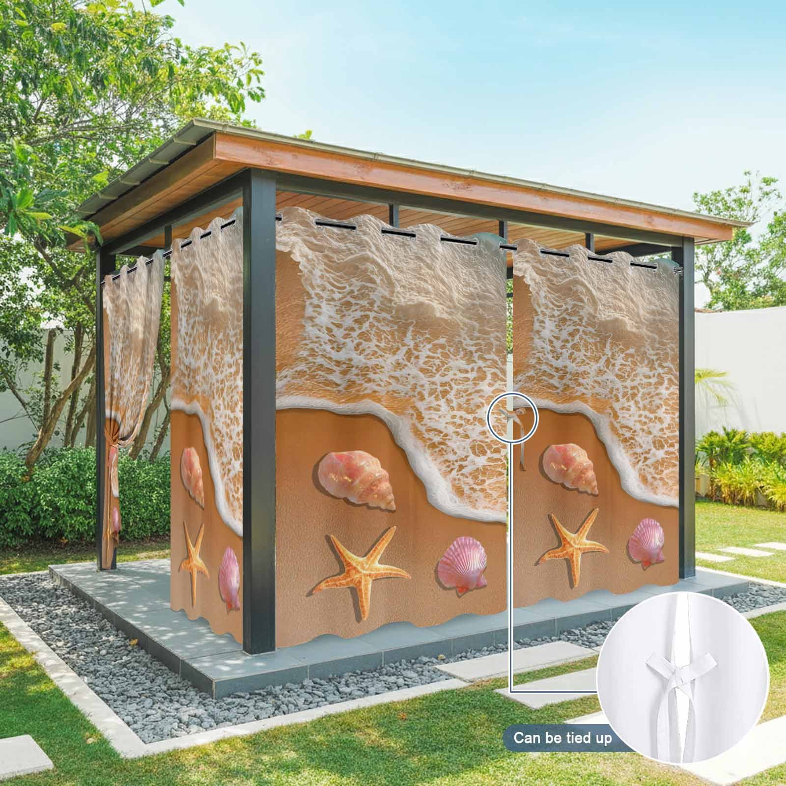 Summer Beach Outdoor Curtains for Patio, Ocean Waves Starfish Shell Conch Coastal Sunshade Privacy Drapes Grommet Waterproof Outside Curtains for Porch/Cabana/Balcony 54"x 108", 1 Panel