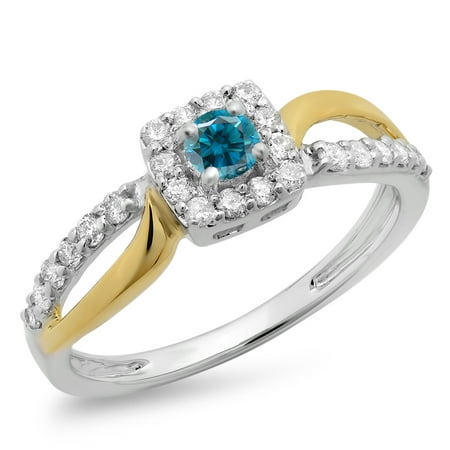 Cut Ladies Diamond Engagment Ring 0.55 Carat (ctw) 10K Two Tone Gold Round Cut White & Blue Diamond Ladies Split Shank Bridal Halo Engagement Ring 1/2 CT ()