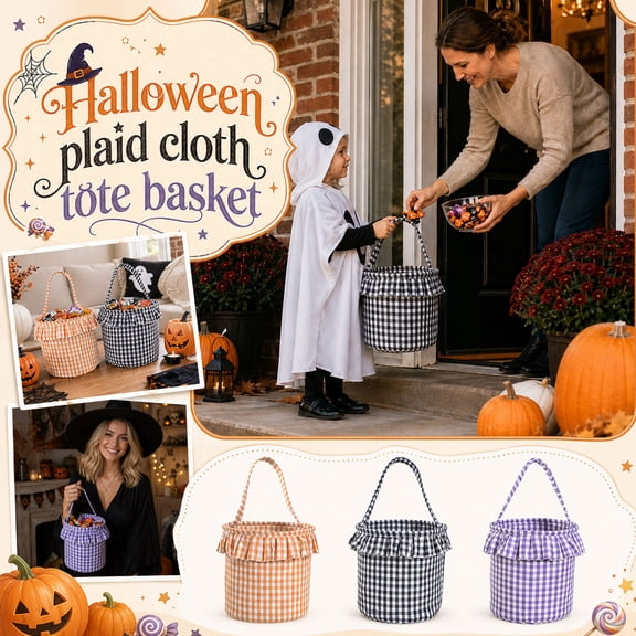 Fabric Storage Basket, Orange Checkered Ruffled Trim, Halloween Treats for Student Carry Tote, Trick Or Treat Bucket with Durable Basket with Handle, Holiday Gift Basket for