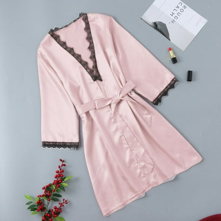 

Pjtewawe Charm New Women Satin Fashion Lace Patchwork Pajamas Sleepwear Robe Long Sleeve
