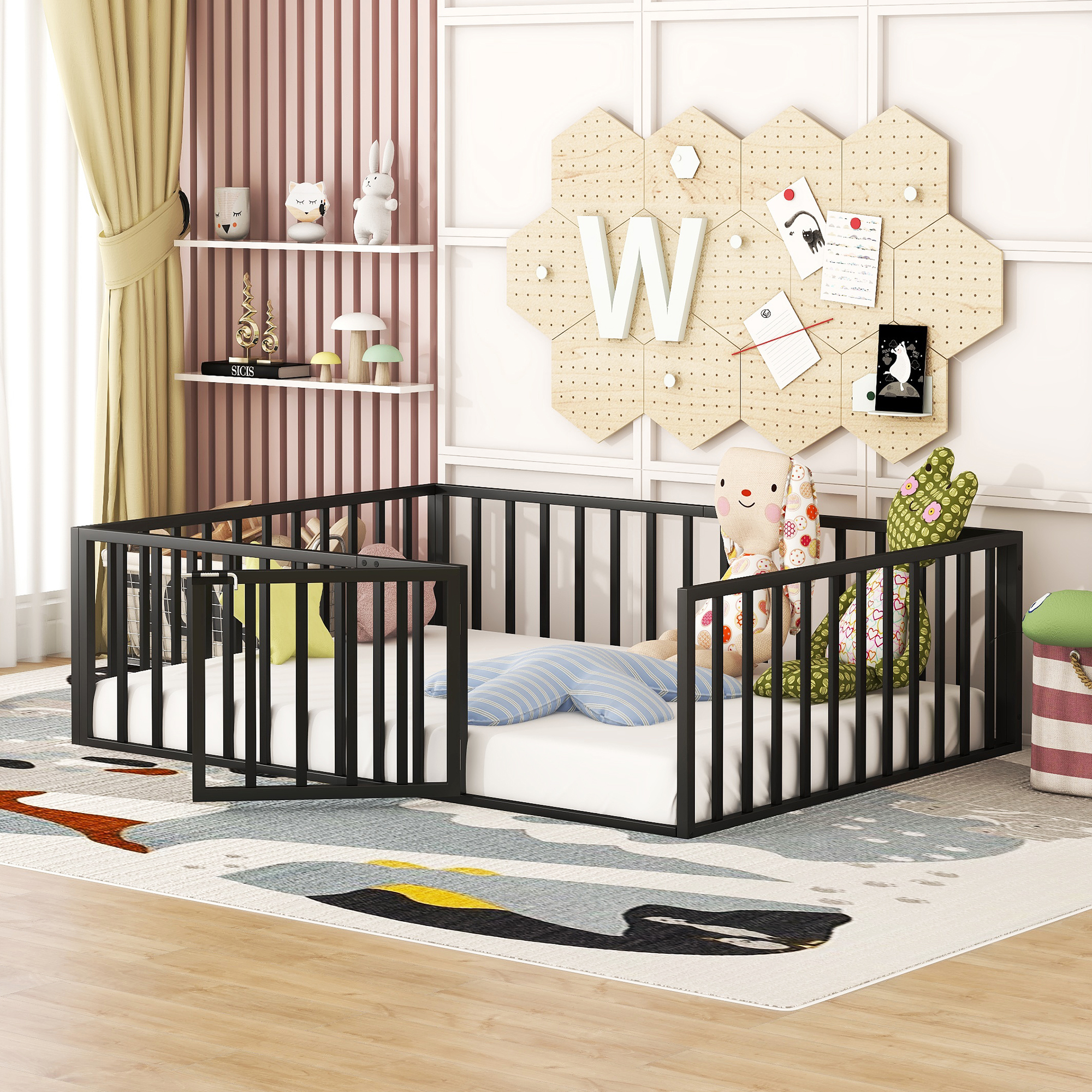 Gewnee Full Size Toddler Bed, Metal Floor Bed Frame with Fence and Door,Black