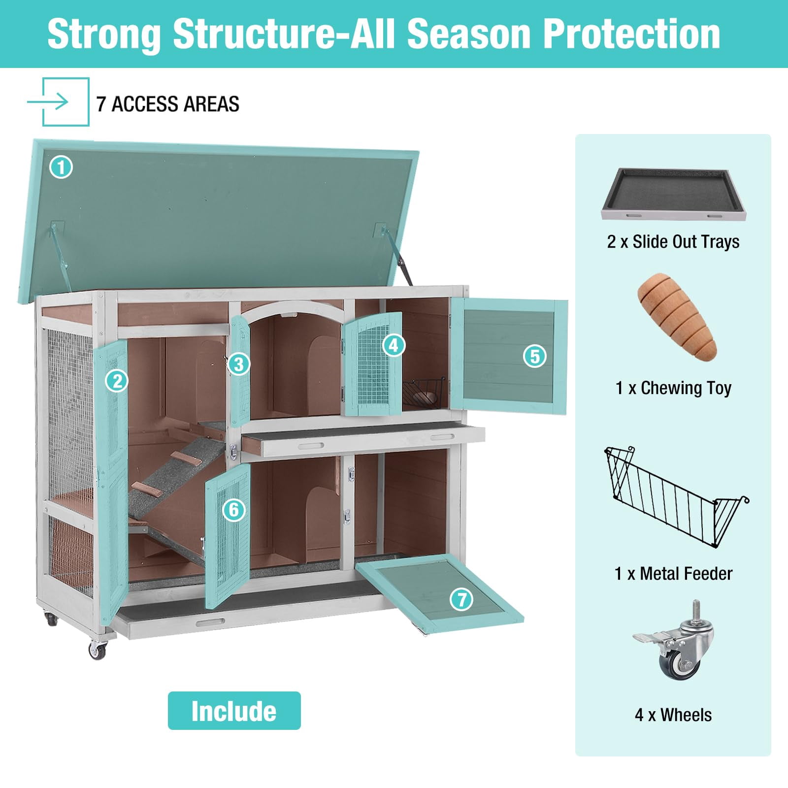 MEDEHOO 47" Two Story Rabbit Hutch with Wheels, Indoor Outdoor Bunny Cage Guinea Pig Cage, 2 Deep No Leak Trays Included, Brown