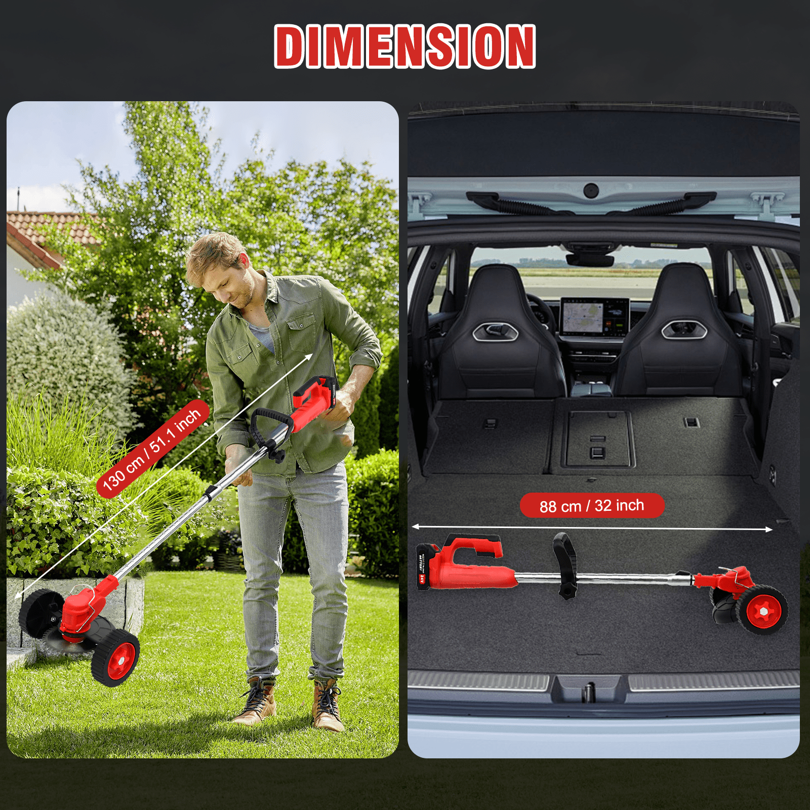 Electric Weed Wacker, Cordless Weed Trimmer with Wheels, 2000mAh Batteries, 3 Types of Blades, Adjustable Length, Weed Eater Grass Trimmer/Edger/Brush Cutter for Lawn Yard Garden (Red)