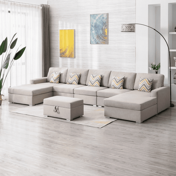 Nolan 152" Beige Linen 6Pc Sectional Sofa with Double Chaise, Interchangeable Legs, Storage Ottoman & Pillows | Walmart US
