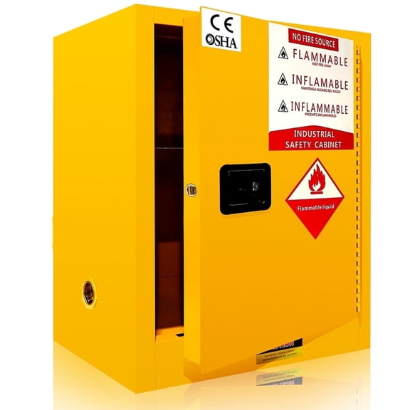 Yellow Combustible Storage Cabinet, 18.11 Inch Depth, Directional Ventilation Ports, Chemical Safety Cabinet, OSHA Approved Unit, Home Garage, Paint Manufacturer, Facility