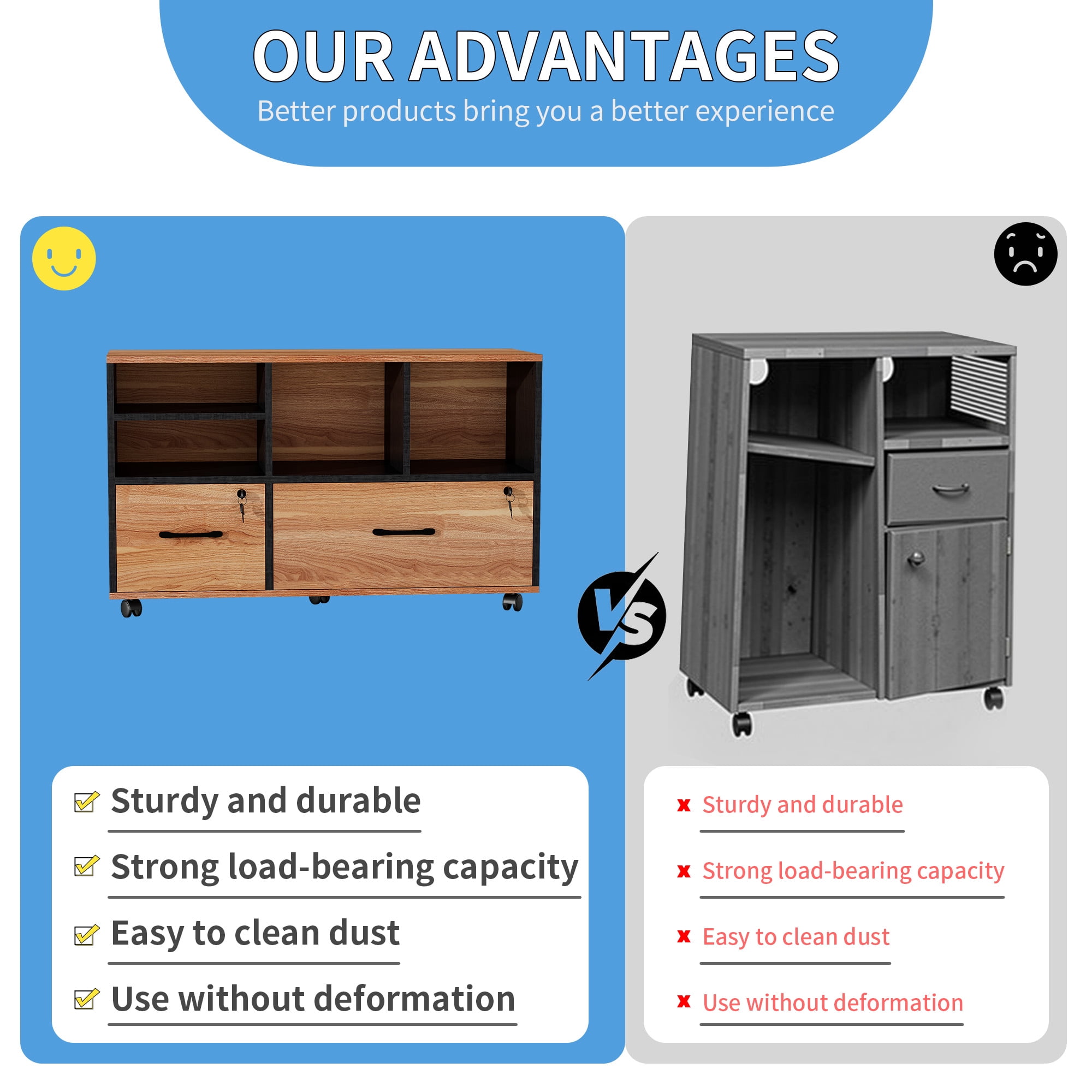 Modfurne Large Lateral File Cabinet with 2 Drawers, Wood Mobile Lockable Rolling Filing Cabinet, Printer Stand Office Storage Fits Files Legal/A4, Brown