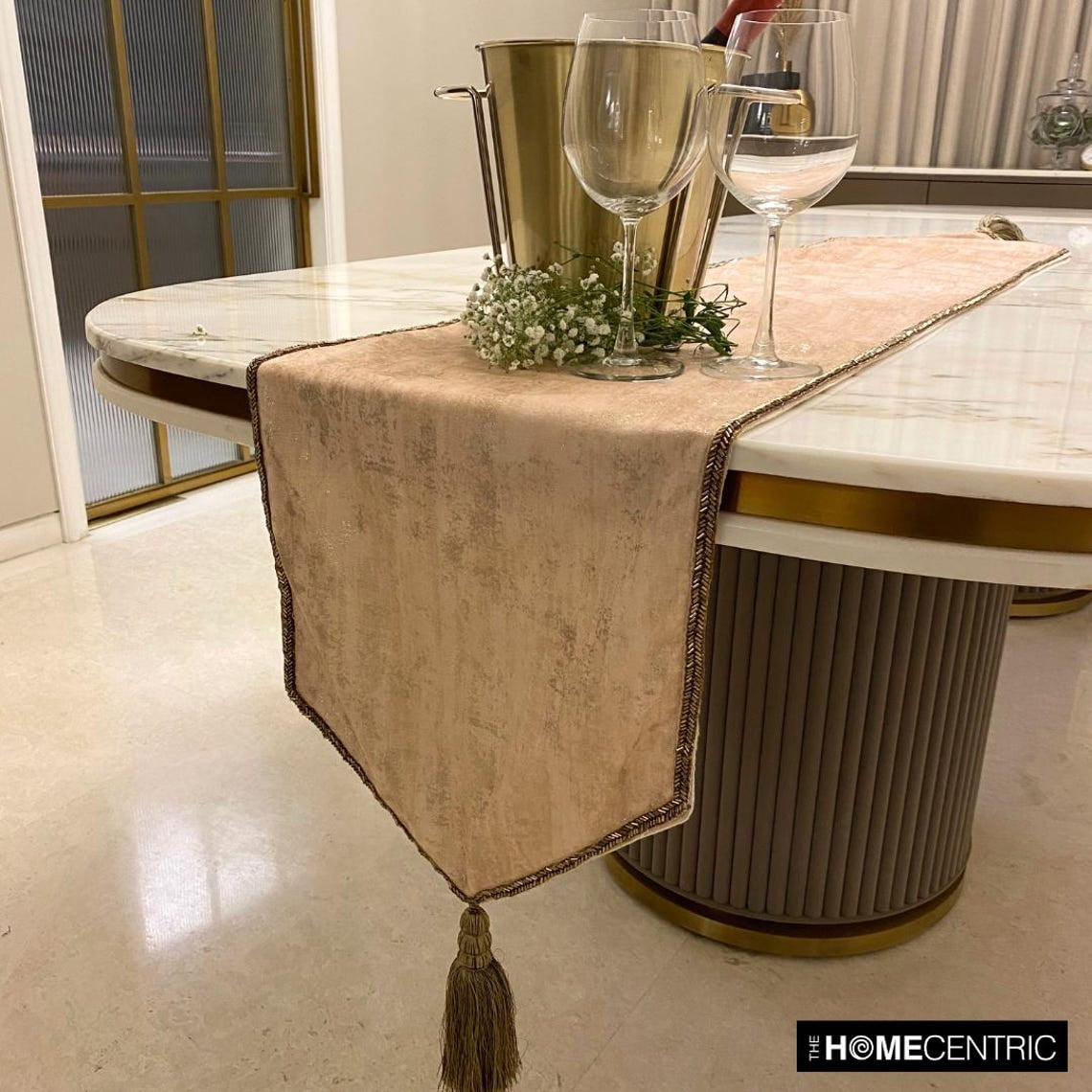 The HomeCentric Luxury Ivory Table Runner 8 - 10 Seater Table Runner (14 x 120 inch) Foil, Tassels, Suede fabric Table Linen, Abstract Pattern Modern Style - Shimmer Fest Ivory