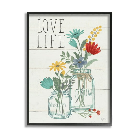 Stupell Industries Love Life Sentiment Blue Yellow Blooming Flowers Blossom Jar, 24 x 30, Design by Janelle Penner