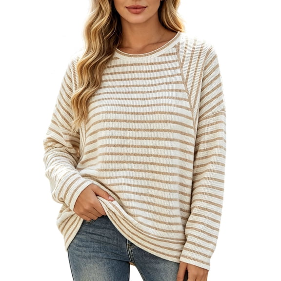 Womens T Shirts Loose Versatile Long Sleeve Crew Neck Striped Print Top Everyday Wear Womens Tees L