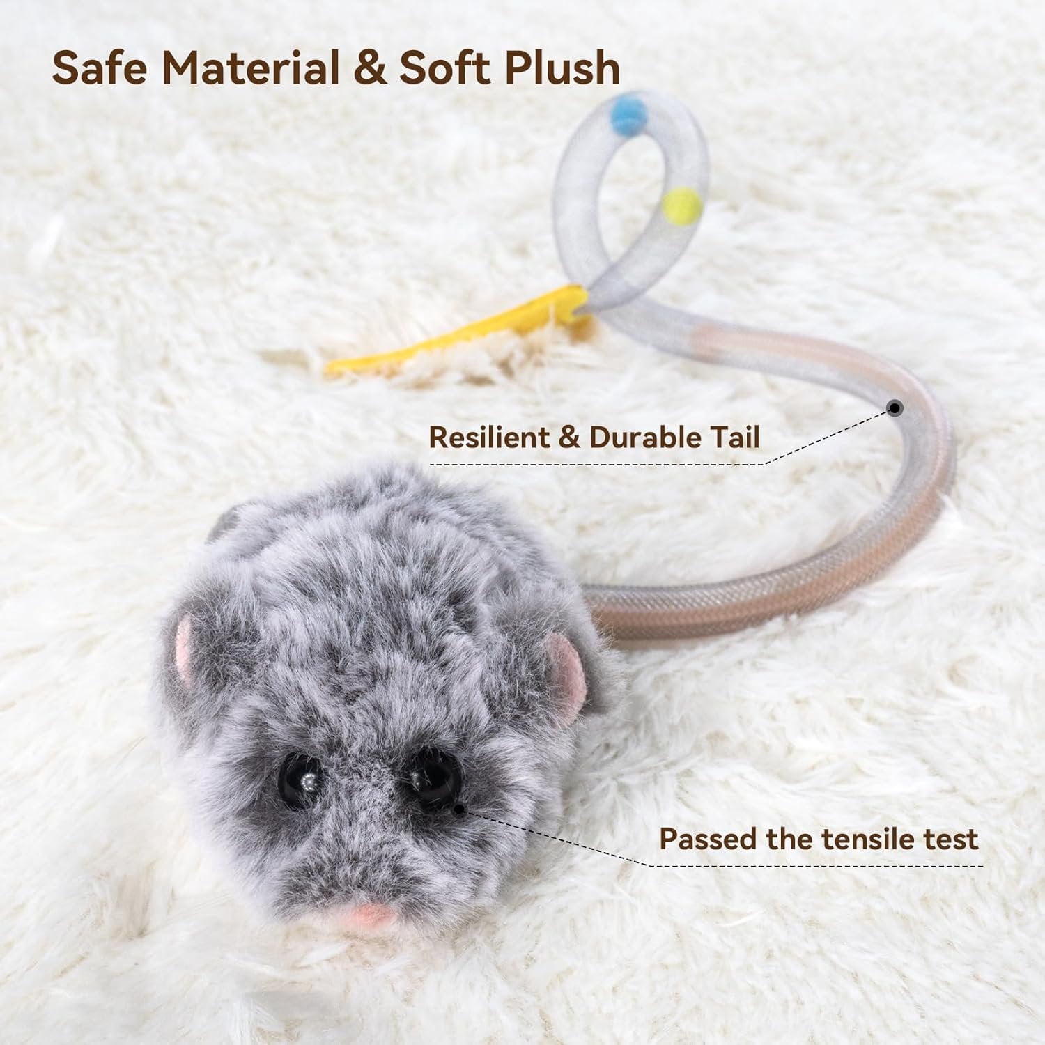 Interactive MigiMouse   360? Rolling & Spin with Wiggling Tail for Indoor Cats  Motion Sensor, Realistic Squeak, Rechargeable Plush Kitten (Grey Long)