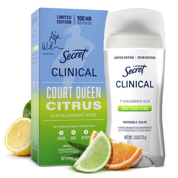 Secret Clinical Strength 100HR Hyaluronic Acid Antiperspirant Deodorant for Women, Invisible Solid, A'Ja Wilson Court Queen Citrus, 2.6 oz
