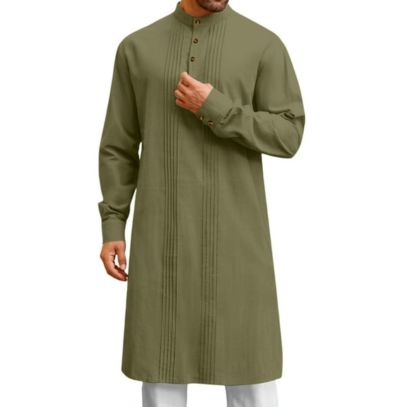 Thobe for Men Kaftan for Men Kurta Set for Men Caftan Mens Kaftan Mens Kaftan Robe Button Down Long Sleeve Cotton Linen Thobe Casual Muslim Gown Henley Shirt, Army Green-L
