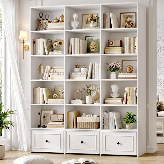 Homfa 72" Tall Triple Wide Bookshelf with Storage Drawers, 5-Tier Large Bookshelf with 15 Display Shelves for Living Room Home Office, White