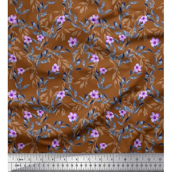 Soimoi Japan Crepe Satin Fabric Leaves & Periwinkle Floral Print Fabric by The Yard 42 Inch Wide