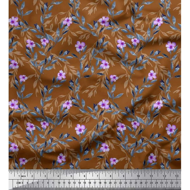 Soimoi Poly Georgette Fabric Leaves & Periwinkle Floral Print Sewing Fabric Yard 52 Inch Wide