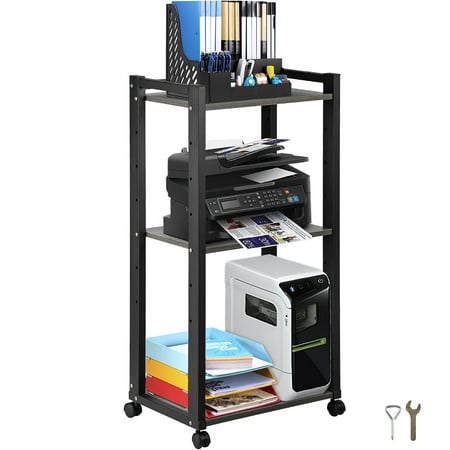 VEVOR Printer Shelf, 3-Tier Mobile Printer Stand, Adjustable Storage Shelf Rack on Lockable Wheels, Large Tall Printer Table for Home Office Small Spaces Organization, Black