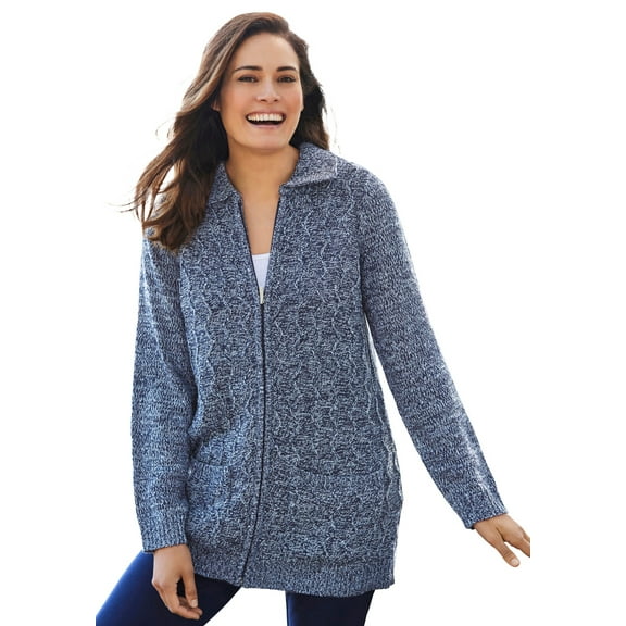 Woman Within Plus Size Marled Zip-Front Cable Knit Cardigan Sweater