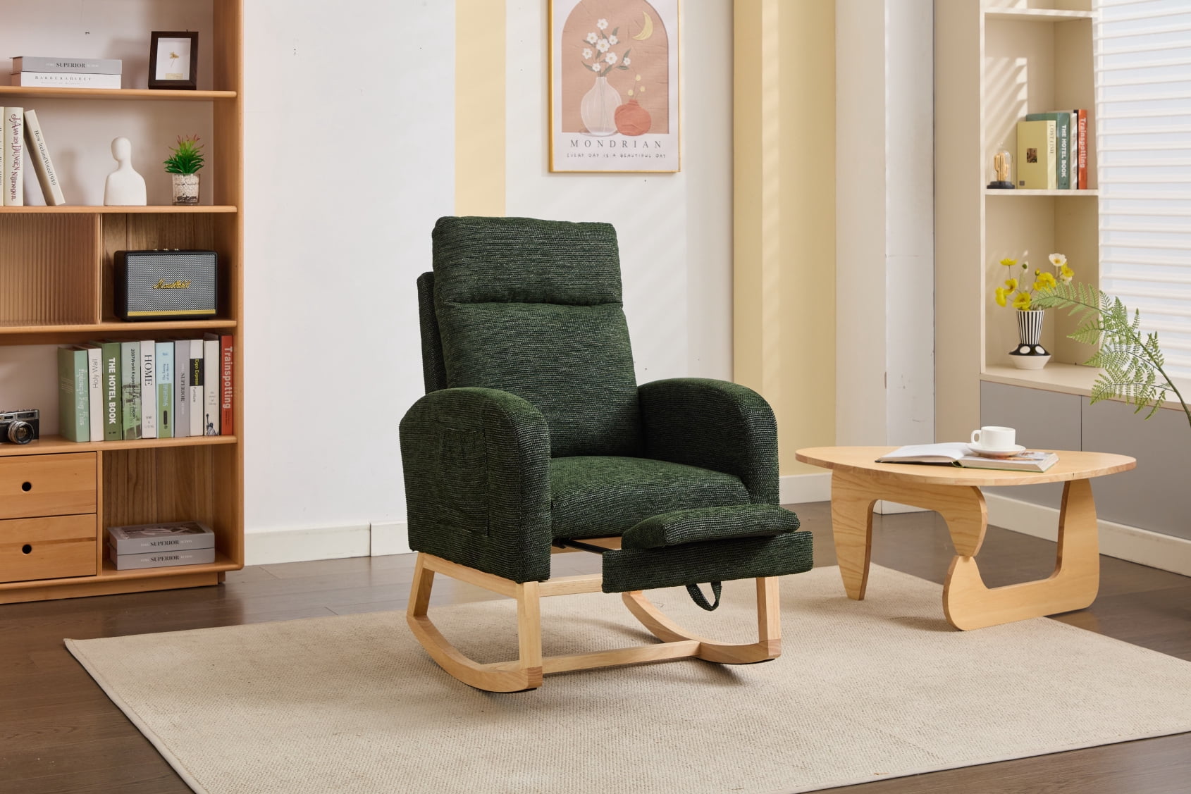 Solid Wood Legs Nursery Glider Rocking Chair with High Backrest, Upholstered Armchair Featuring Side Pocket for Baby Nursery and Living Room Comfort