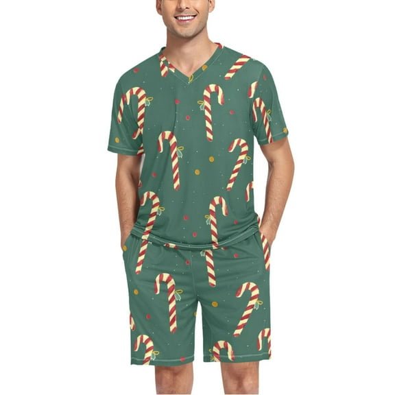 joogoo Men's Pajama Set Candy Christmas V-Neck Pj Shorts Set 2 Piece Loungewear Sleepwear L