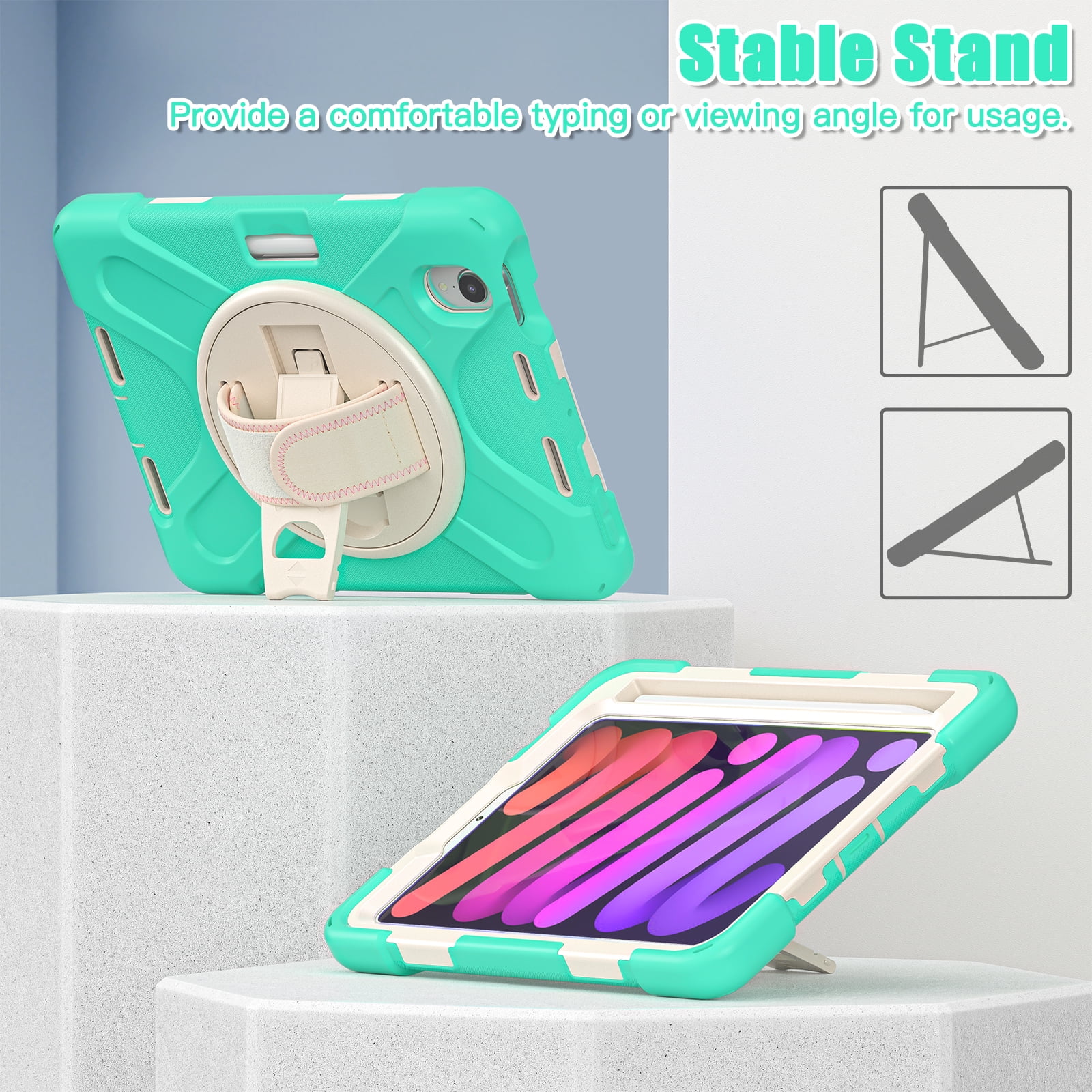 Portable Rugged Case for 2021 Apple iPad Mini 8.3" (6th Generation 2021 Release) - Rotating Stand Case with Adjustable Hand/Shoulder Strap, Built-in Pencil Holder, Shockproof Hard Cover (Mint Green)