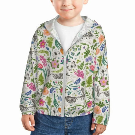 

Rash Guard for Boys Girls - Bohemian Cartoon Rabbit Flower Lightweight Long Sleeve Sun Protection Jacket Hooded Cooling Swim Shirt with Zipper for Toddler Kids Children