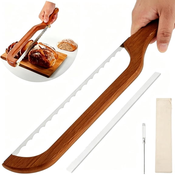 Bread Knife for Homemade Bread Sourdough, 15.7" Bow Bread Knife with Serrated Stainless Steel Blade, Wooden Bread Slicer Portable Bread Cutting Tool