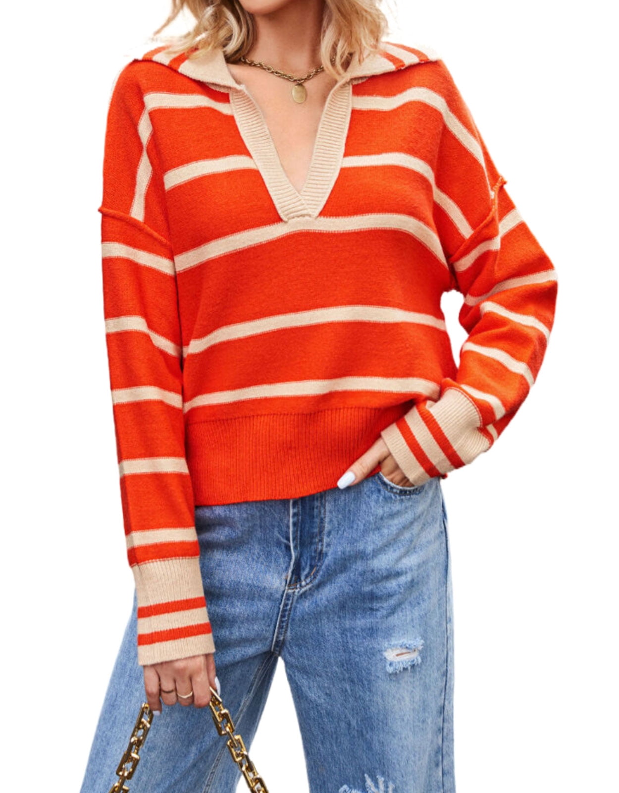 Sweaters For Women Fashion Striped Knited Sweater Sexy V Neck Lapel Pullover Oversize Fall