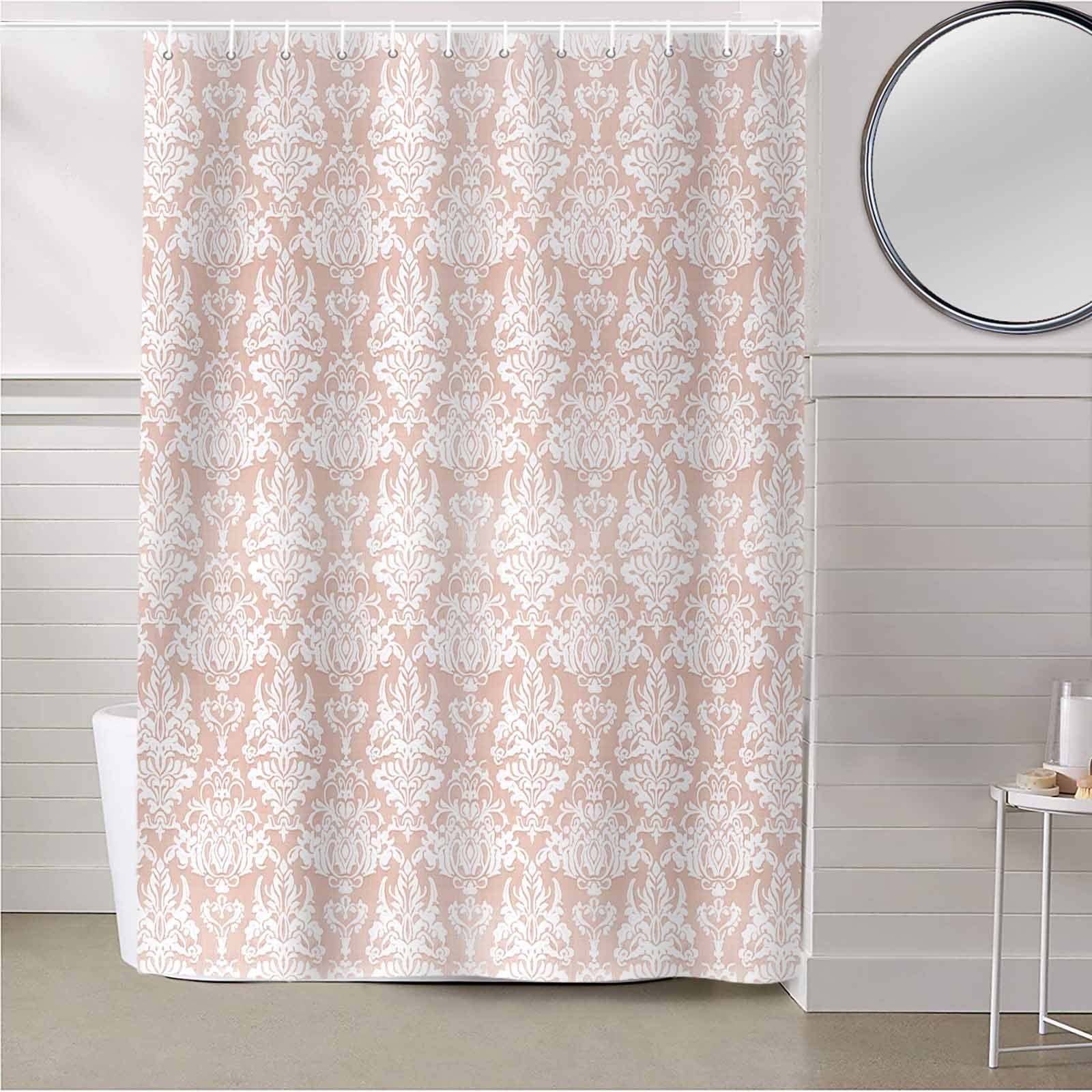 Fabric Shower Curtain, Vintage Floral Peach Floral Pattern Middle Eastern Style Shower Curtains with 12 Hooks Waterproof Machine Washable Bath Curtains for Bathroom, 54 x 78in