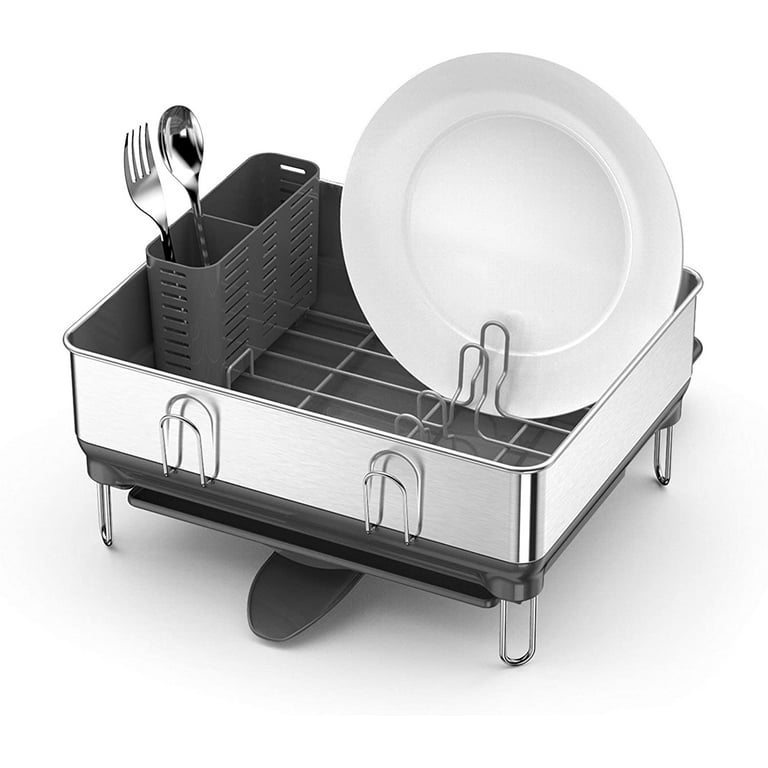 simplehuman Compact Steel Frame Dish Rack, Brushed Stainless Steel, White 