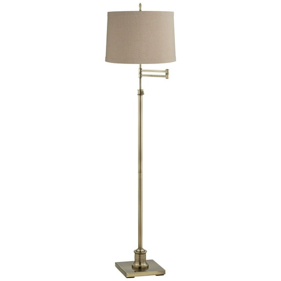 360 Lighting Swing Arm Floor Lamp 70" Tall Antique Brass Natural Linen Fabric Drum Shade for Living Room Reading Bedroom Office