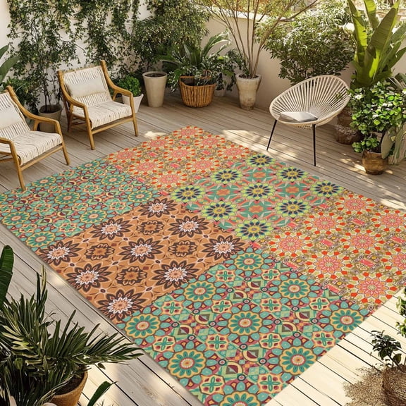 Abstract Floral Outdoor Rug for Patio/Deck/Porch, Non-Slip Large Area Rug 5 x 7 Ft, Vintage Ethnic Tribe Abstract Art Indoor Outdoor Rugs Washable Area Rugs, Reversible Camping Rug Carpet Runner