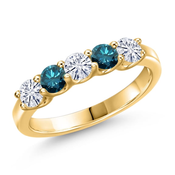 Gem Stone King 18K Yellow Gold Plated Silver White Moissanite and Blue Diamond Wedding-Bands Ring for Women | 0.78 Cttw | Round 3.5MM | Gemstone Birthstone | Size 7