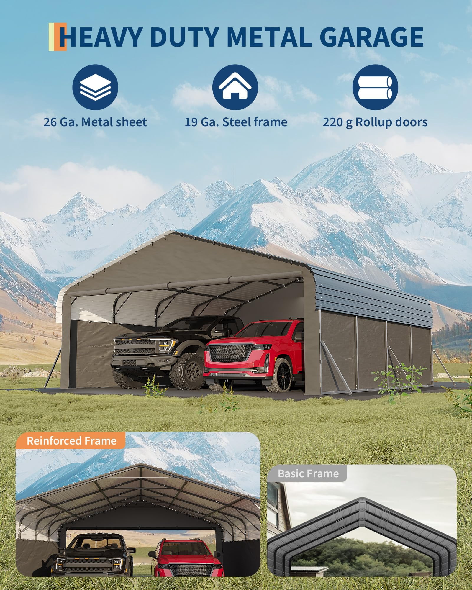 20'X20'X10' Metal Car Port for 2 Cars, Enclosed Carports with 220 g Tarp, All-Weather Use Metal Carport, for Full-Size Pickup Trucks, Bass Boats, and Tractors