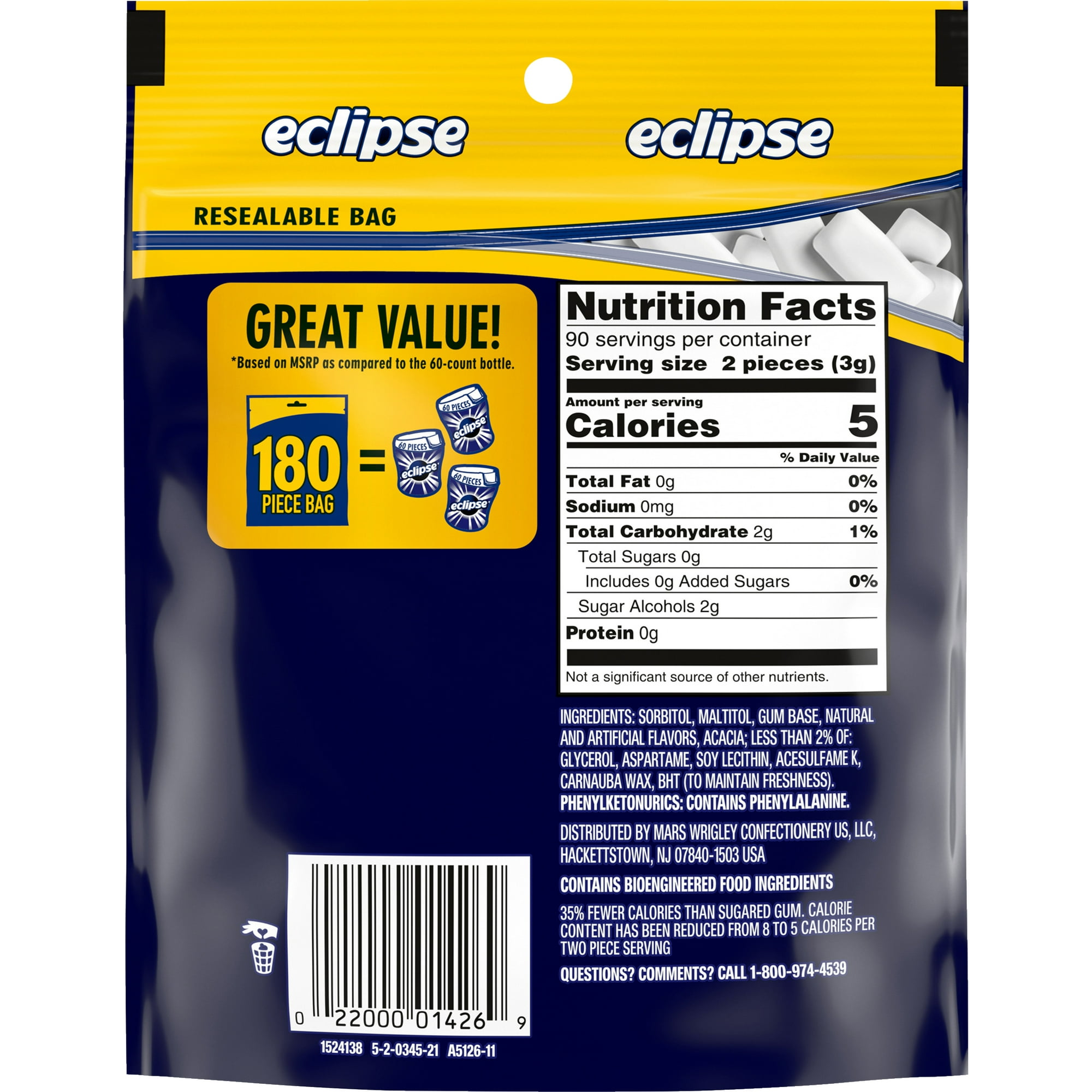 (4 pack) Eclipse Winterfrost Sugar Free Chewing Gum, Value Pack - 180 ct Bag