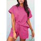 thumbnail image 4 of Conjunto de Pijama de 2 Piezas para Mujer, Color Liso, Cuello Redondo, Informal, de Tela Texturizada, Corta, Color Rosa Rojo, XL, 4 of 7