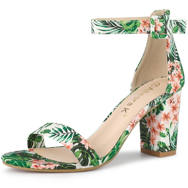 BLISSFUL STEP Women Open Toe Block Heel Printed Ankle Strap Sandals Green US 7