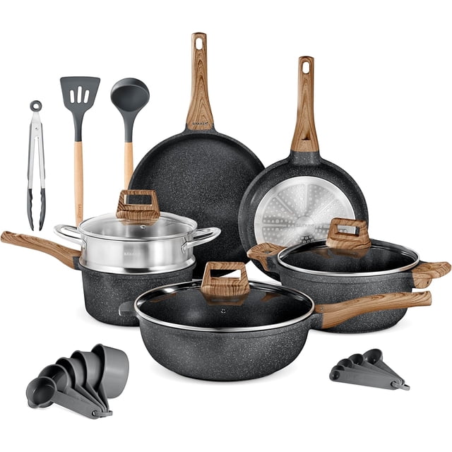 Bakken-Swiss 14-Piece Kitchen Cookware Set – Granite Non-Stick – Eco-Friendly – for All Stoves & Oven-Safe - Marble coatin