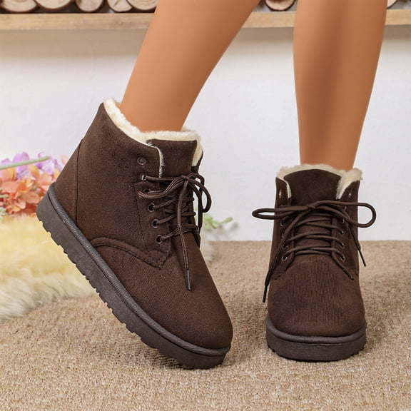 EKVAHL Women's Lace‑Up Winter Ankle Booties, Faux Fur Lined Faux Suede Boots, Warm Platform Walking Boots For Cold Weather Outdoor Wear Brown