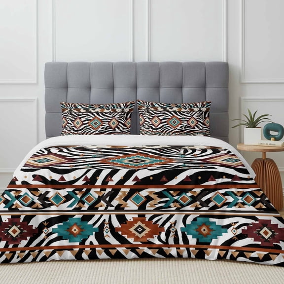 Queen Size Duvet Cover 4 Piece Bedding Set Southwestern Tribal Diamond Bed Sheet Sets Soft Microfiber Comforter Cover with Flat Sheet 2 Pillow Shams