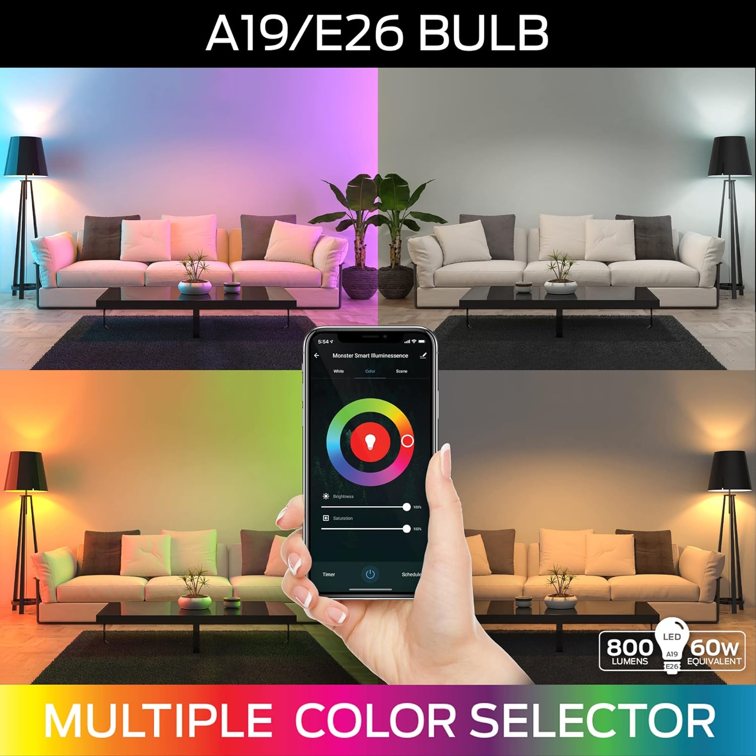 Monster Smart LED Bulbs – 60W Multicolor A19 E26, 2 Pack photo 3