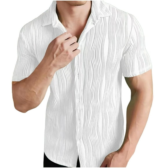 Besolor Men's Casual Button down Shirts Collared Short Sleeve Striped Textured Summer Beach Vacation Shirt Tops