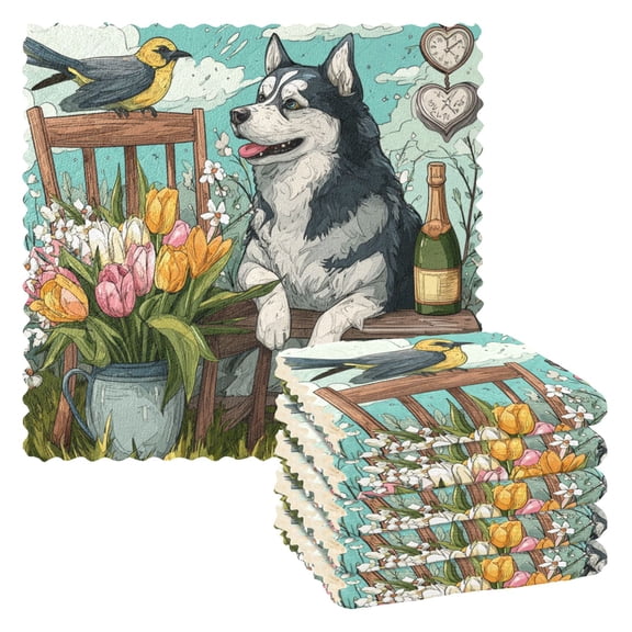 6 Pieces of Kitchen Towels 11x11Inch Kitchen Dish Cloths Kitchen Dish Towels Reuseable Cleaning Cloths Husky and Bird