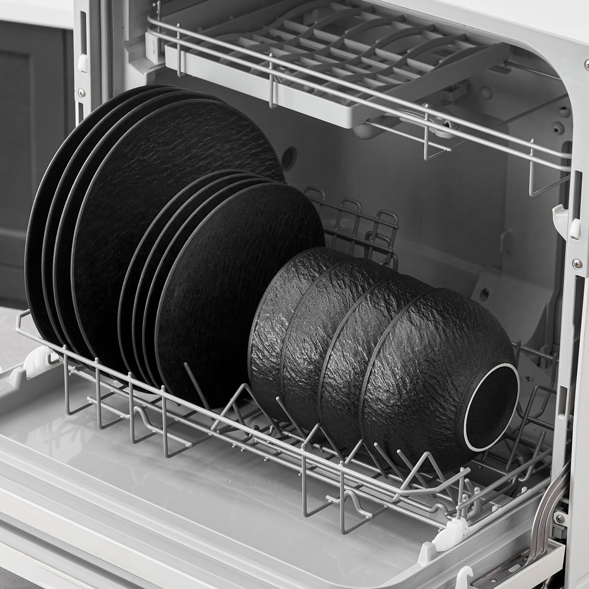 Lareina 12 Piece Dinnerware Sets Service for 4, Ceramic Dinner Plates Dishes Bowls Sets for Kitchen, Chip and Crack Resistant Dishwasher Microwave Safe, Reactive Stone Texture Matte Black